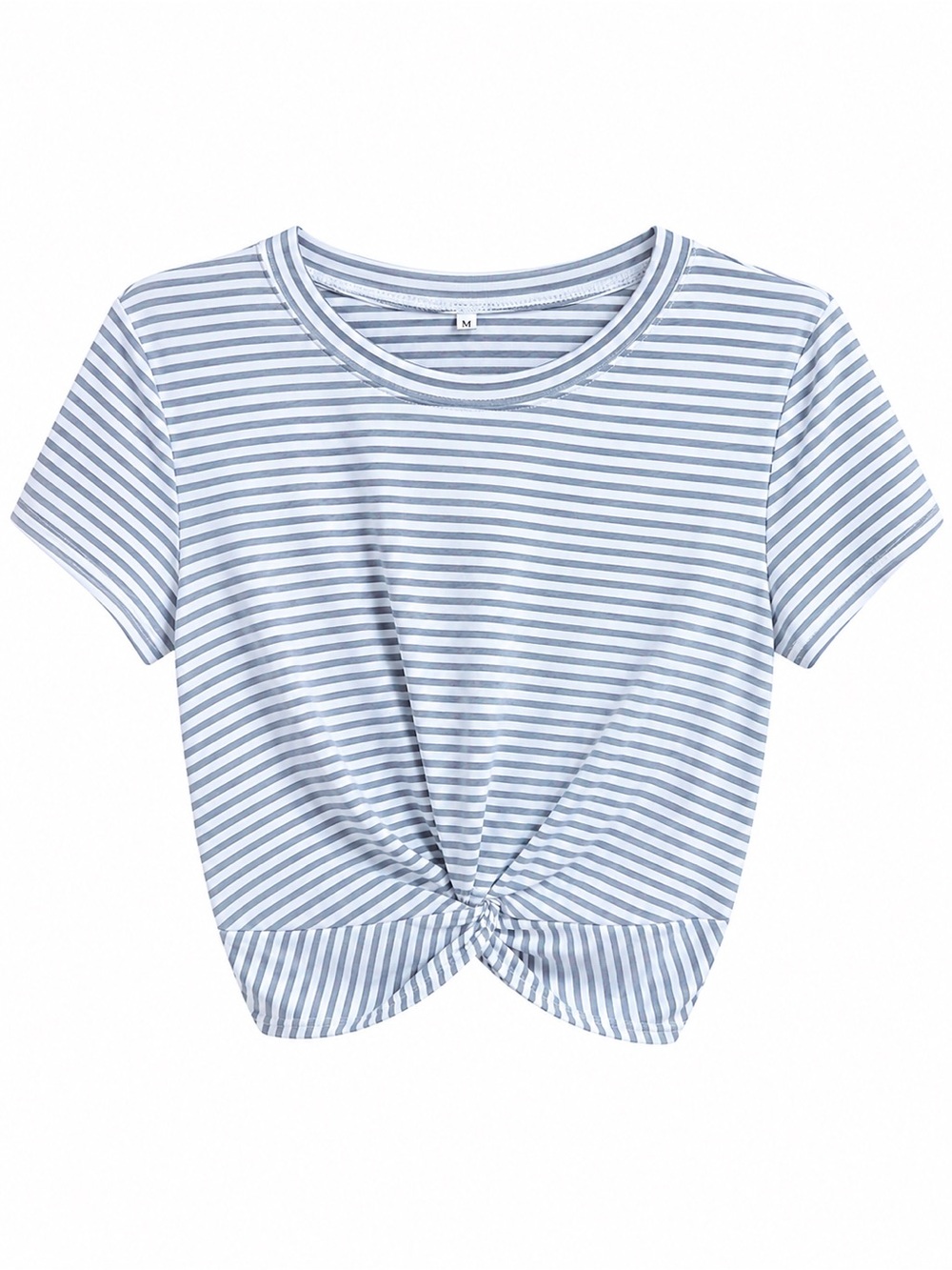 Striped Twist-Front Short Sleeve Top - Gray / White